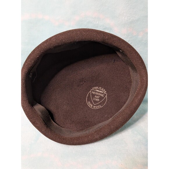 Vtg 60s Merrimac Pillbox Hat Brown 100% Wool Beret S 20" Jackie Kennedy Mod MCM - Picture 3 of 4